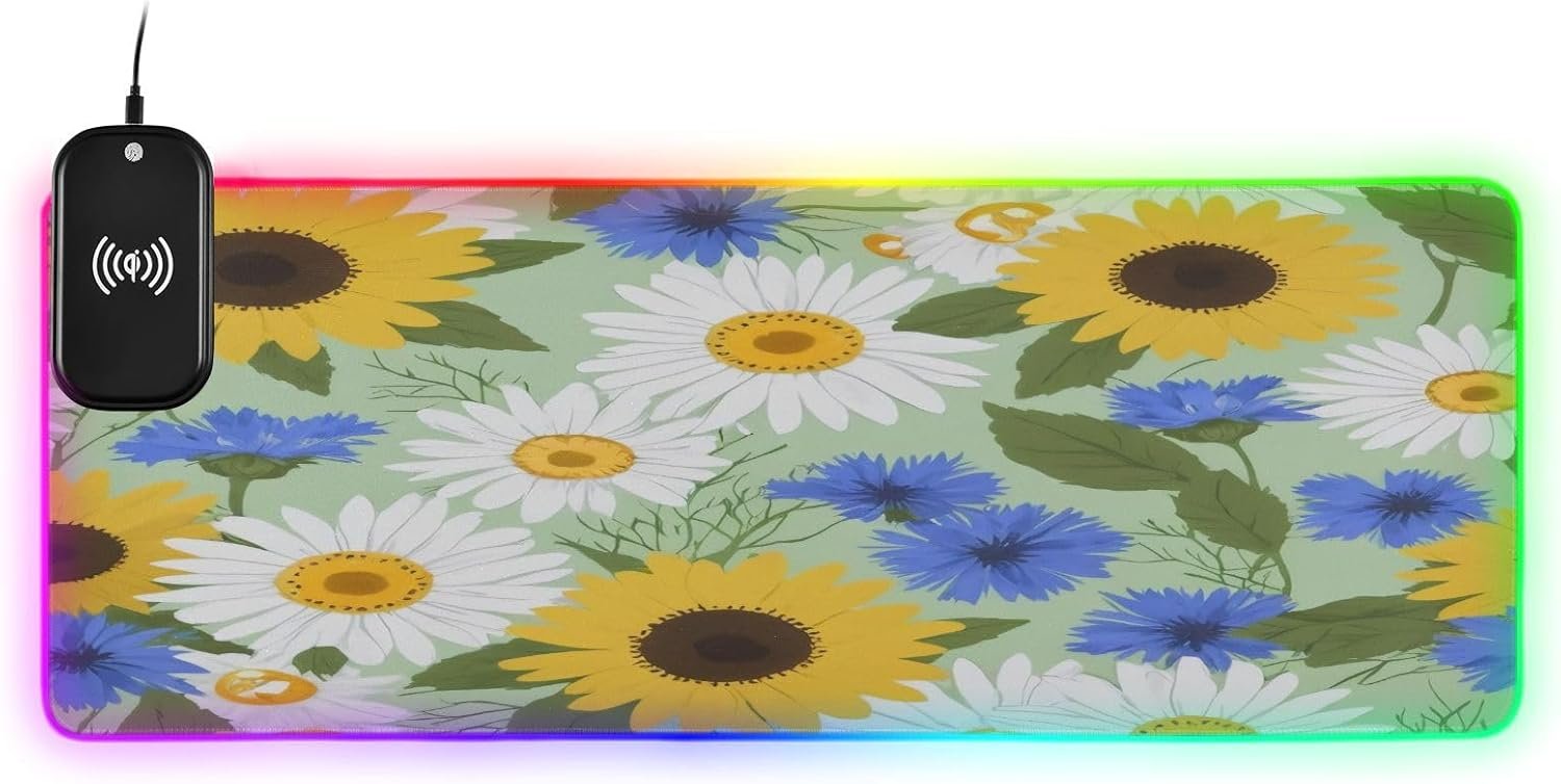 Cute Sunflowers and White Daisy Flowers Gaming Mouse Pad Led Mousepads RGB Backlit with 14 Lighting Modes, Non Slip Base Soft Computer Keyboard Mat for Gaming PC Laptop Desk, S