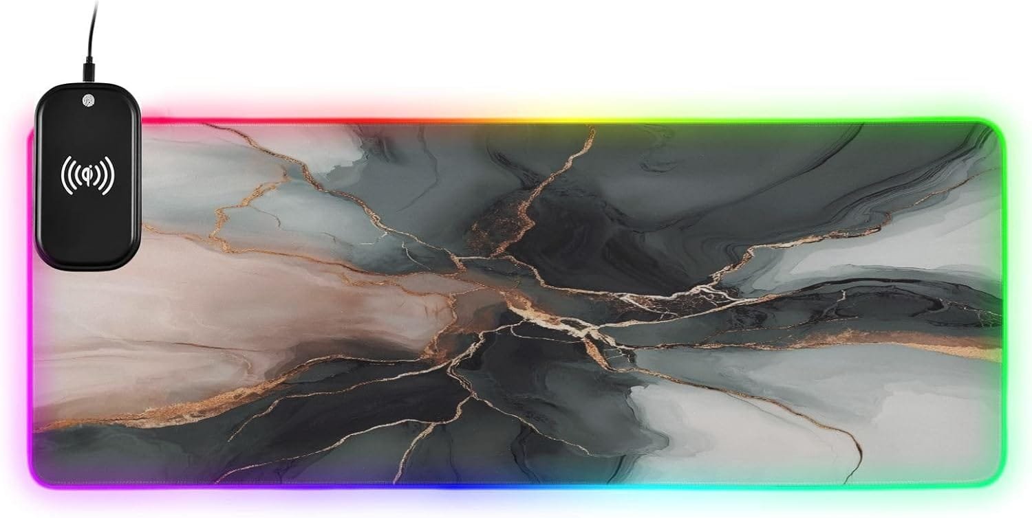 Ink Pink Gold Marble Gaming Mouse Pad Led Mousepads RGB Backlit with 14 Lighting Modes, Non Slip Base Soft Computer Keyboard Mat for Gaming PC Laptop Desk, S