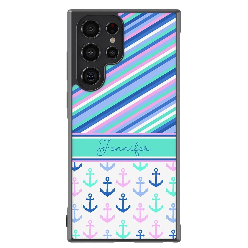Nautical Anchors Personalized Black Rubber Phone Case Compatible With Samsung Galaxy S24 S24+ S24 Ultra S24FE, S23 FE S23+ Ultra S22 S22+ S21 S21FE S21+ S20FE