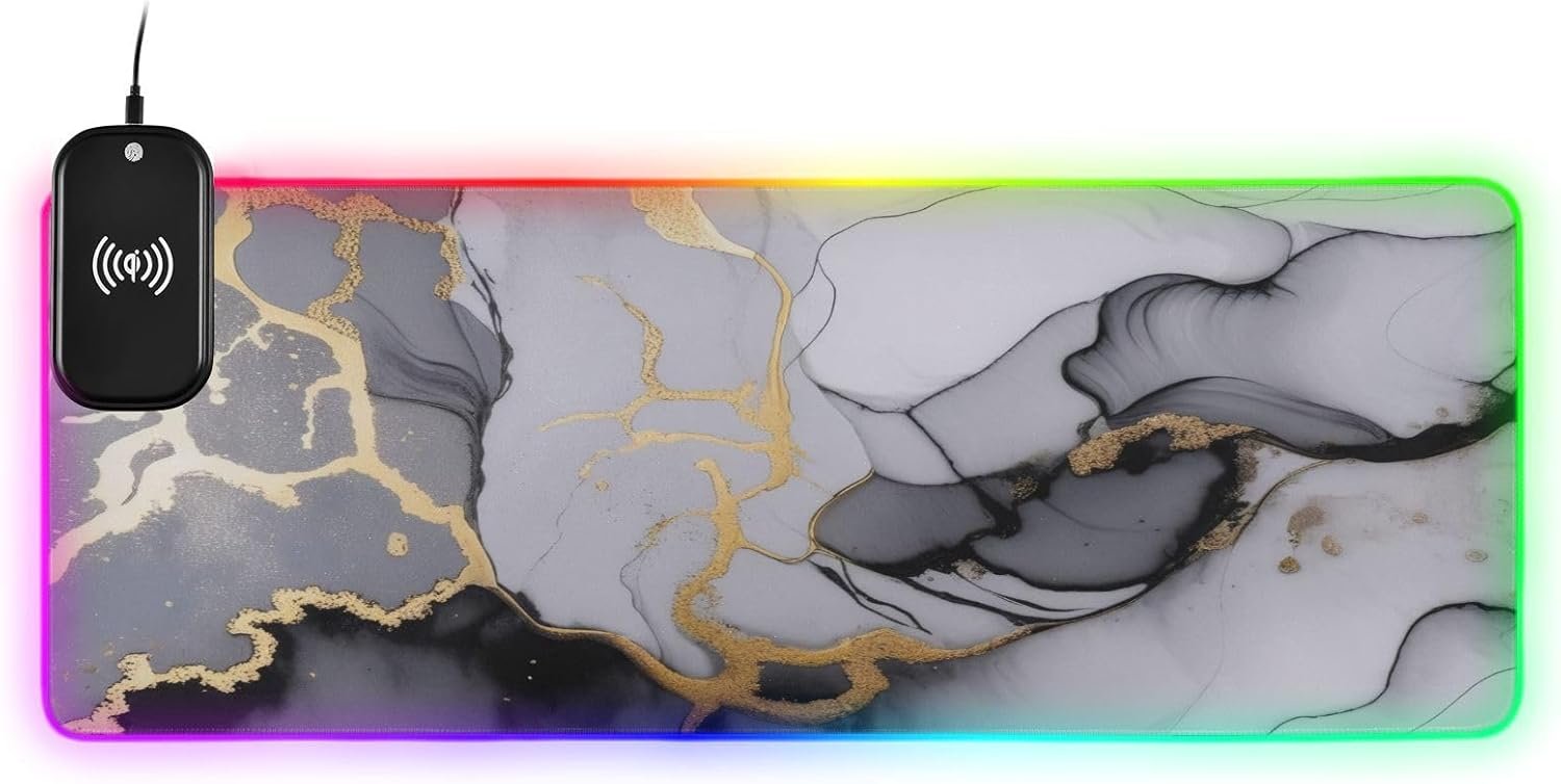 Gray Gold Black Marble Gaming Mouse Pad Led Mousepads RGB Backlit with 14 Lighting Modes, Non Slip Base Soft Computer Keyboard Mat for Gaming PC Laptop Desk, S