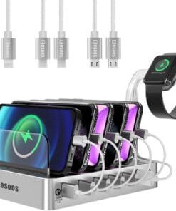 COSOOS Fastest Charging Station with QC 3.0, 63W 6-Port USB Charging Station for Multiple Devices with 6 Mixed Short Cables & lWatch Stand,Multi Charger Station for Cell Phone,Tablet