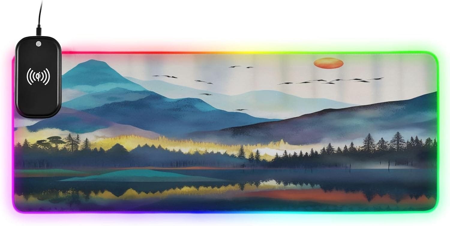 Misty Forest Mountain Gaming Mouse Pad Led Mousepads RGB Backlit with 14 Lighting Modes, Non Slip Base Soft Computer Keyboard Mat for Gaming PC Laptop Desk, S