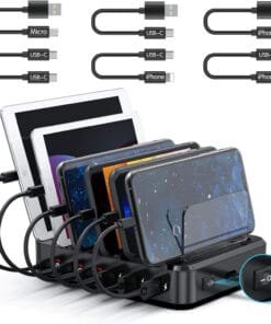 COSOOS PD USB-C Charging Station, 81 W 6-Port USB Charging Station for Multiple Devices with 3 PD 20 W USB-C Charger & 6 Mixed Short Cables, Fast Multi USB Charger Station