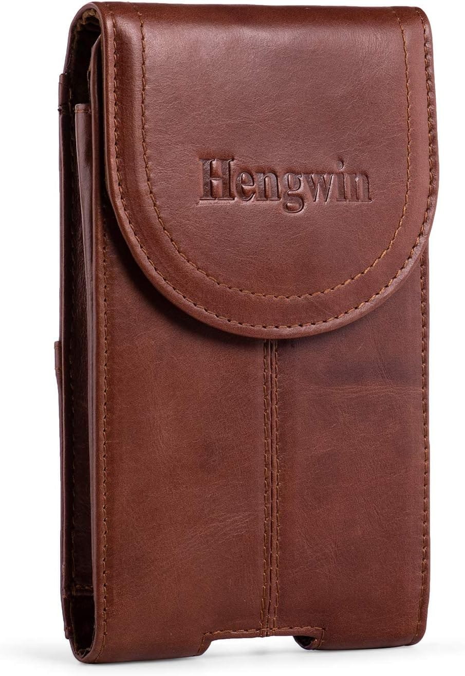 Belt Clip Holster Pouch Hengwin Genuine Leather Phone Case Holster with Magnetic Closure Belt Loop Pouch Bag Fits for iPhone 14 Pro Max 13 Pro Max 12 Pro Max Samsung Galaxy S24+ A54 A53 A15 (Brown)