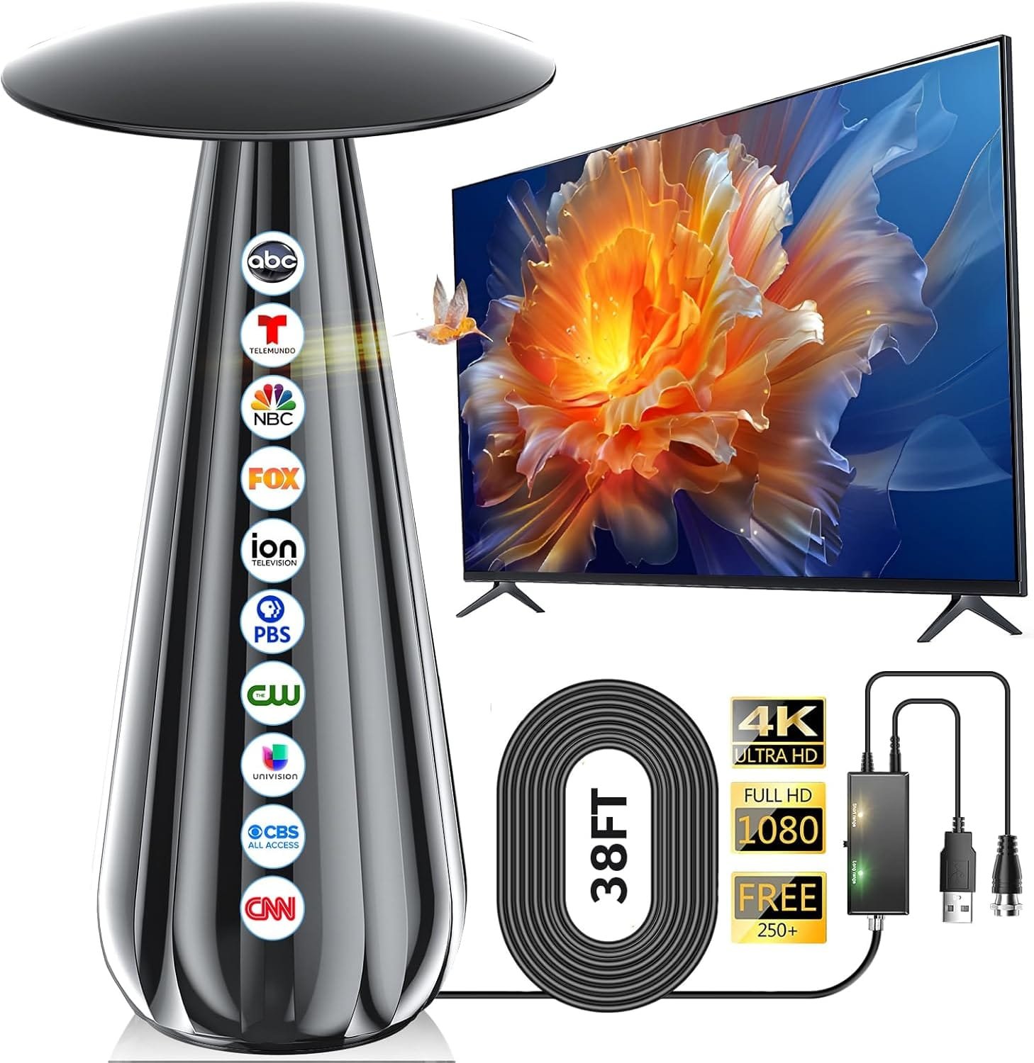 2025 Best Indoor TV Antenna,1600+ Miles Range Smart TV Antenna for Local Channels, Digital TV Antenna Indoor/Outdoor for HDTV with Signal Amplifier-Support 4K 1080p All TVs-38ft Coax Cable