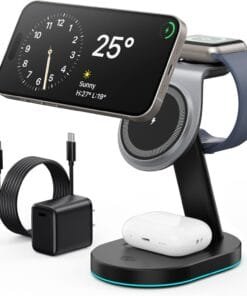 3 in 1 Wireless Charger Charging Station for iPhone,Qi2 Certified 15W Magnetic Charging Stand for Mag-Safe with 30W USB C Adapter&Friendly Night Light for iPhone 16/15/14/13/12,Apple Watch,AirPods