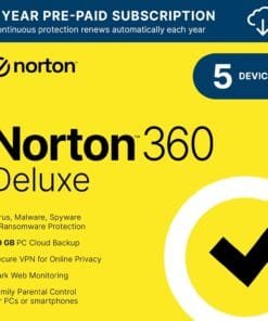 Norton 360 Deluxe 2025, Antivirus software for 5 Devices with Auto Renewal - Includes VPN, PC Cloud Backup & Dark Web Monitoring [Download]