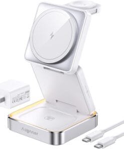【2025 Upgraded】 Wireless Charger 3 in 1, Foldable Wireless Charging Station with Light for Apple MagSafe Charger, Travel Magnetic Charger for iPhone 16/15/14/13/12 Apple Watch AirPods (20W Adapter)