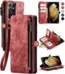 Defencase Compatible with Samsung Galaxy S21 Ultra Case Wallet with Card Holder for Women Men, PU Leather Magnetic Snap Flip Zipper Strap Wallet Case Fit for Galaxy S21 Ultra 5G, Fashion Red